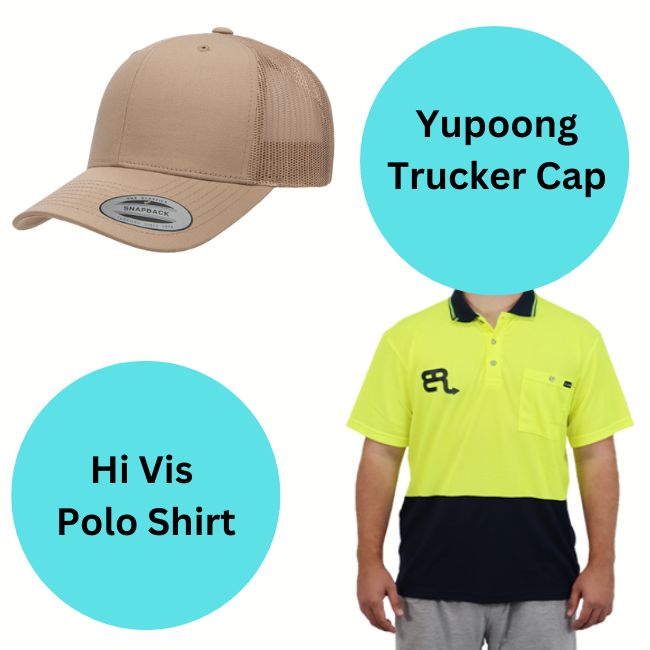 50 x Embroidered Yupoong Trucker Caps & 50 x Printed Hi Vis Polo Shirts (LIMITED TIME SPECIAL)